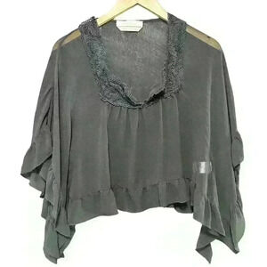 See By Chloé Silk Cropped Sheer Lace Ruffle Black Capelet Blouse Shawl Women 36